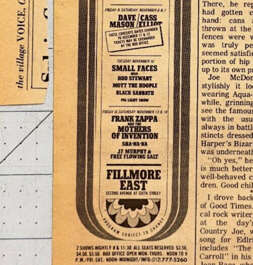 Derek & the Dominos, Frank Zappa, Small Faces - Concert Listing - Fillmore East - October 1970