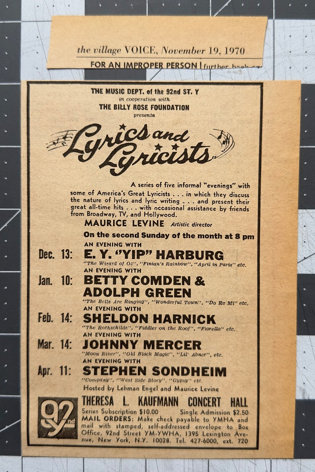 92ST Y Lyrics & Lyricists - Original Concert Ad - November 1970