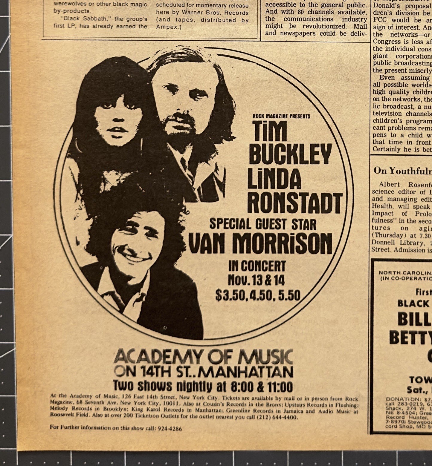 Van Morrison, Linda Ronstadt, Tim Buckley - Original Concert Ad - November 1970 - with Black Sabbath