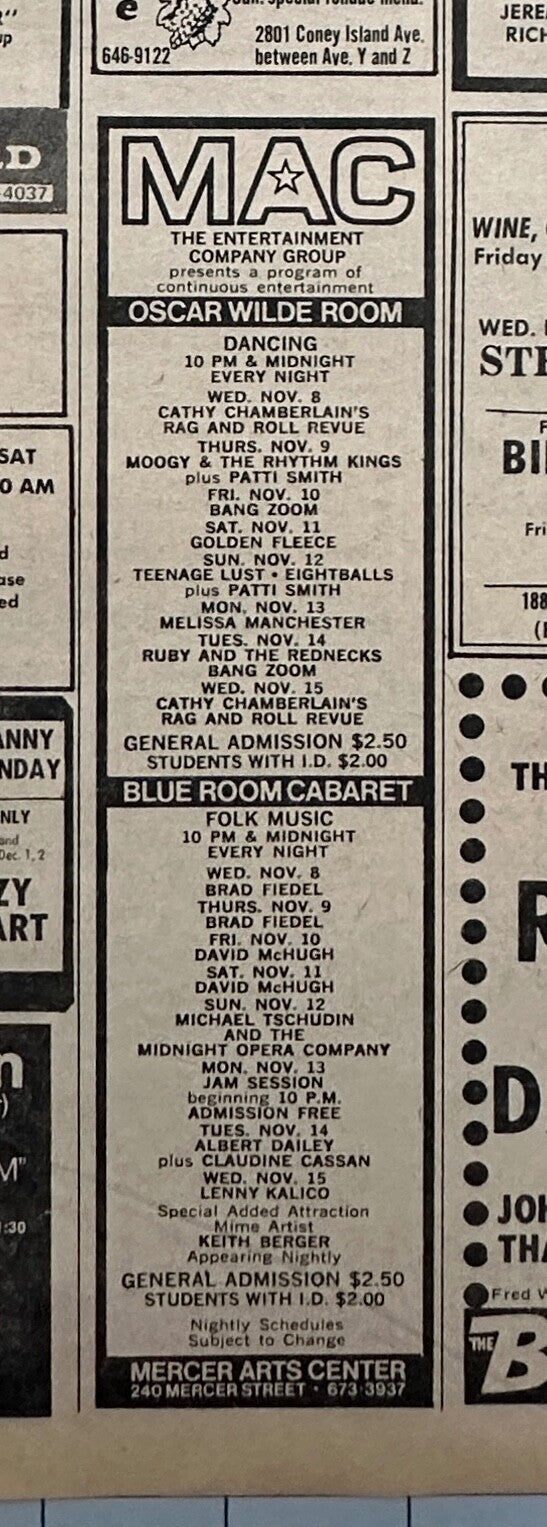 Patti Smith first performance listings - Mercer Arts Center - November 1972 - Village Voice Mercer Arts