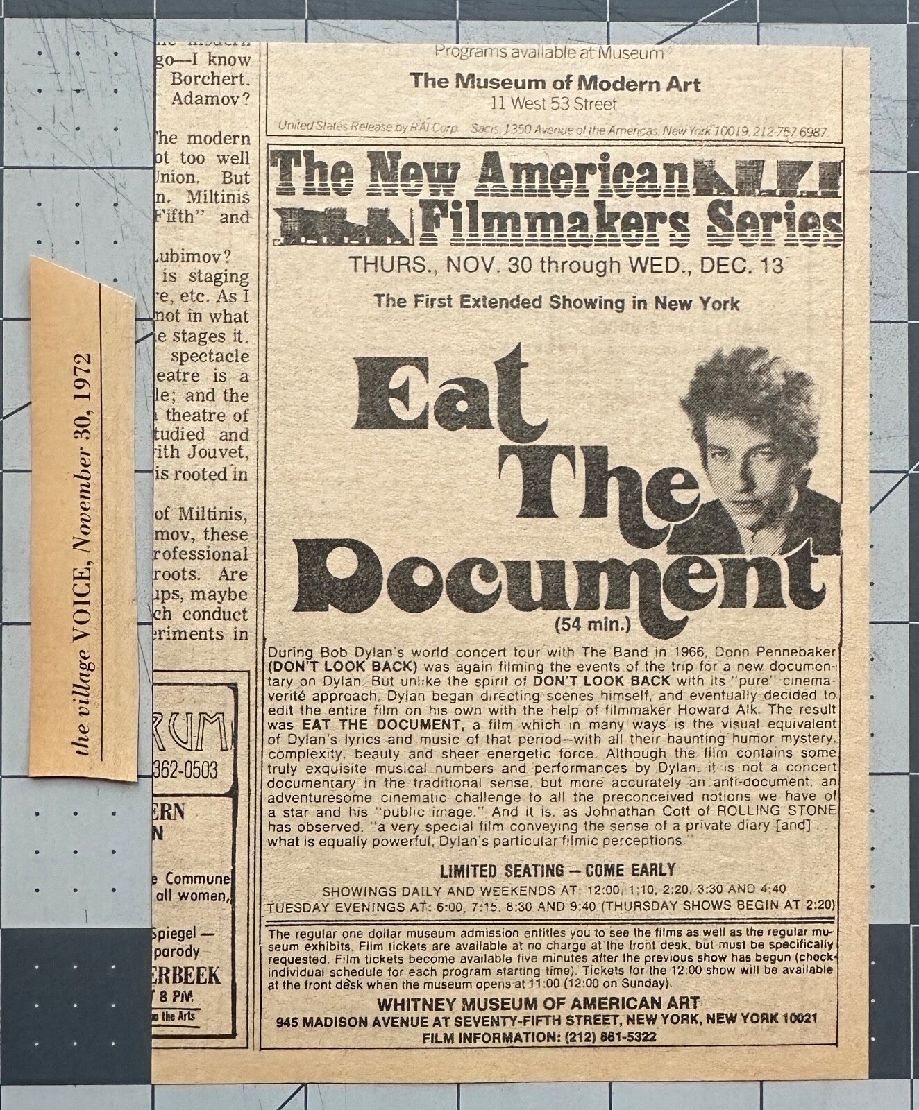 Bob Dylan - Original Film Ad - “Eat the Document” - November 1972