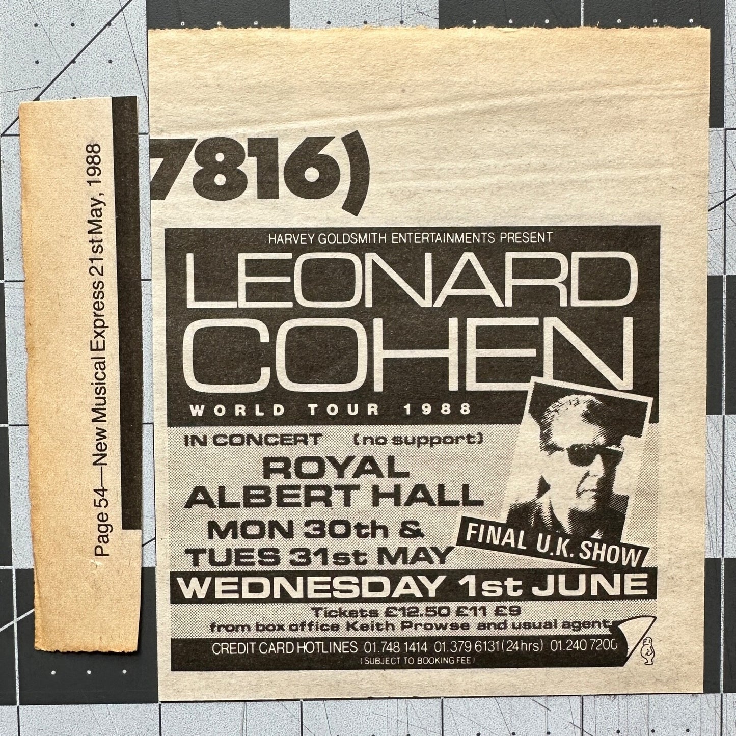 Leonard Cohen - Original Concert Ad - May 1988 - UK