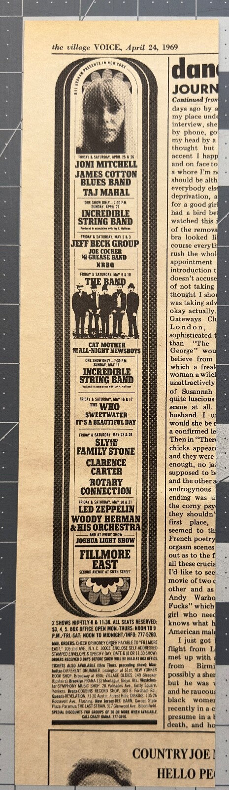 Fillmore East 1969 Concert Ad - Joni Mitchell, Jeff Beck,The Band, The Who, Led Zeppelin - April/May 1969