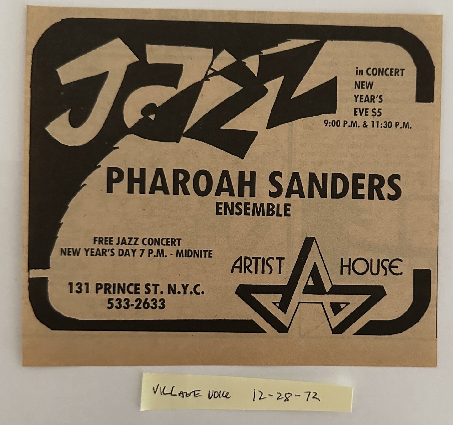 Pharaoh Sanders - Original Concert Ad - December 31, 1972- Jazz Show NYC