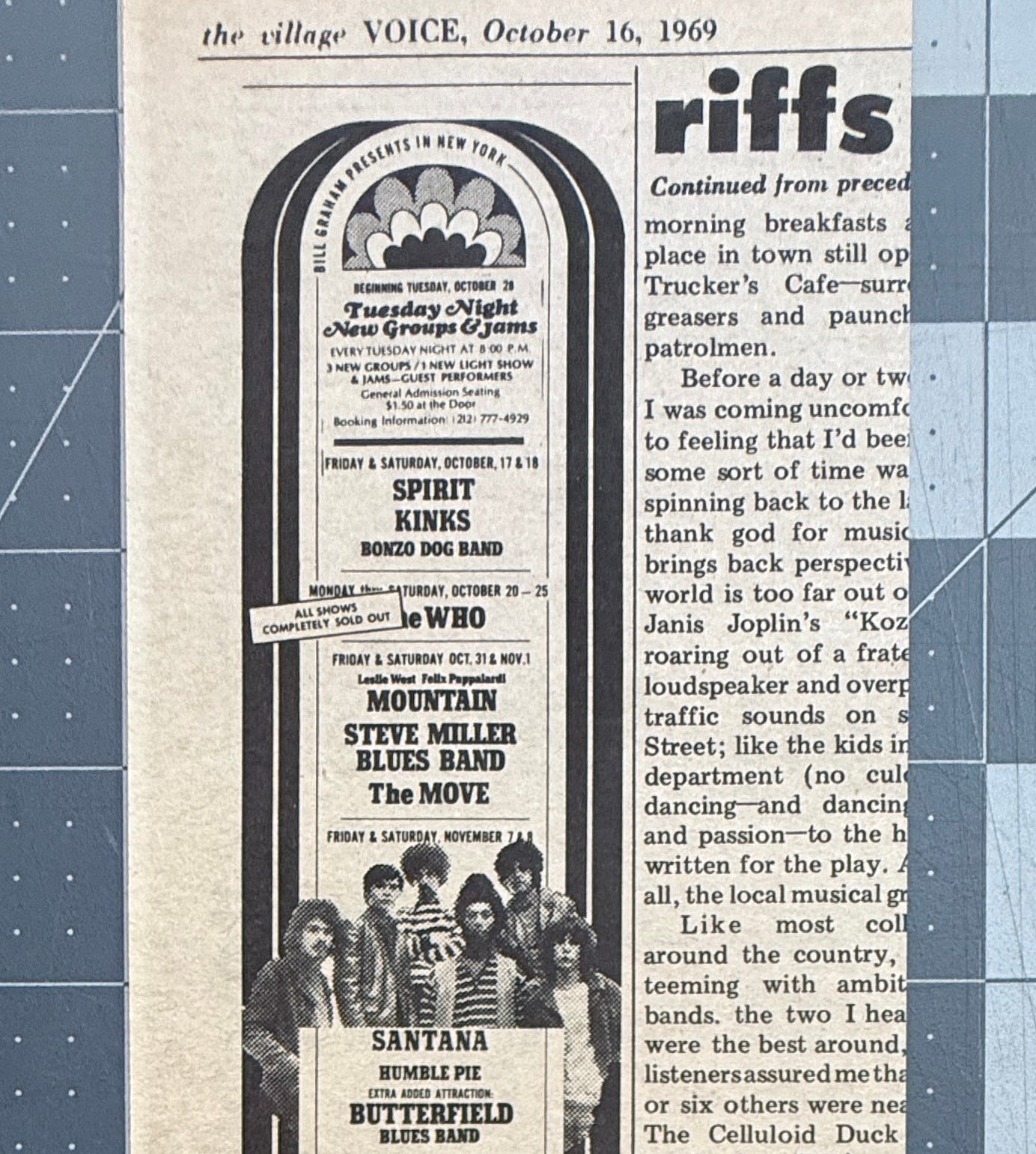 Fillmore East - Bill Graham Presents: Original Concert Ad Listing - Oct/Nov 1969