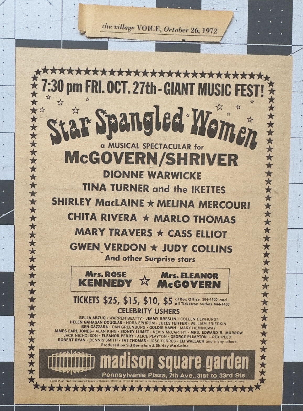 George McGovern Benefit -October 27, 1972 - Original Concert Ad - MSG Tina Turner