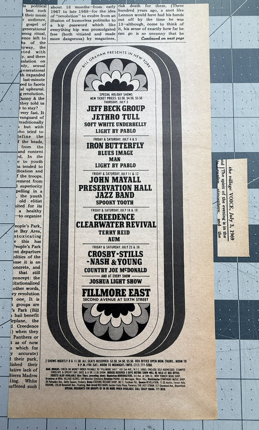 Jeff Beck,  Creedence Clearwater, CSNY - The Fillmore East NYC - Original Concert Ad - July 1969.