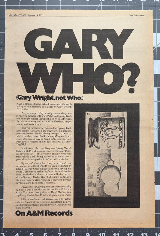 Gary Wright  - “Extraction” Original Record Release Ad - January 1971