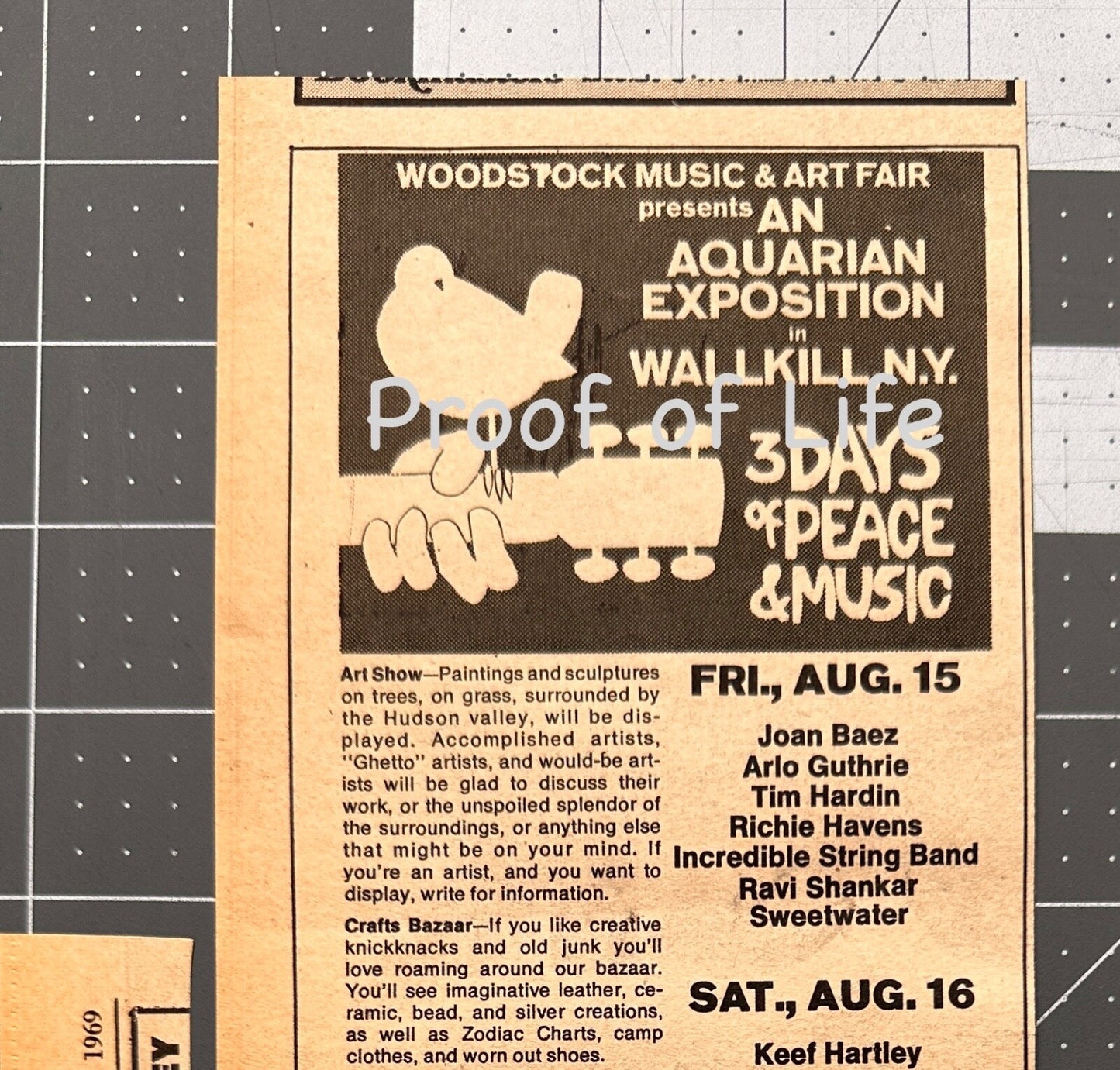 Woodstock 1969 - Rare original Concert Ad Listing - July 1969