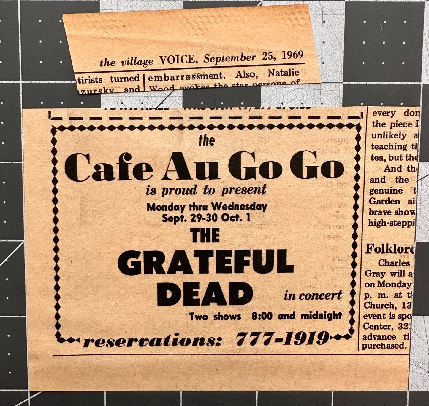 Grateful Dead - Original Concert Ad - September 1969 - Cafe Au Go Go NYC