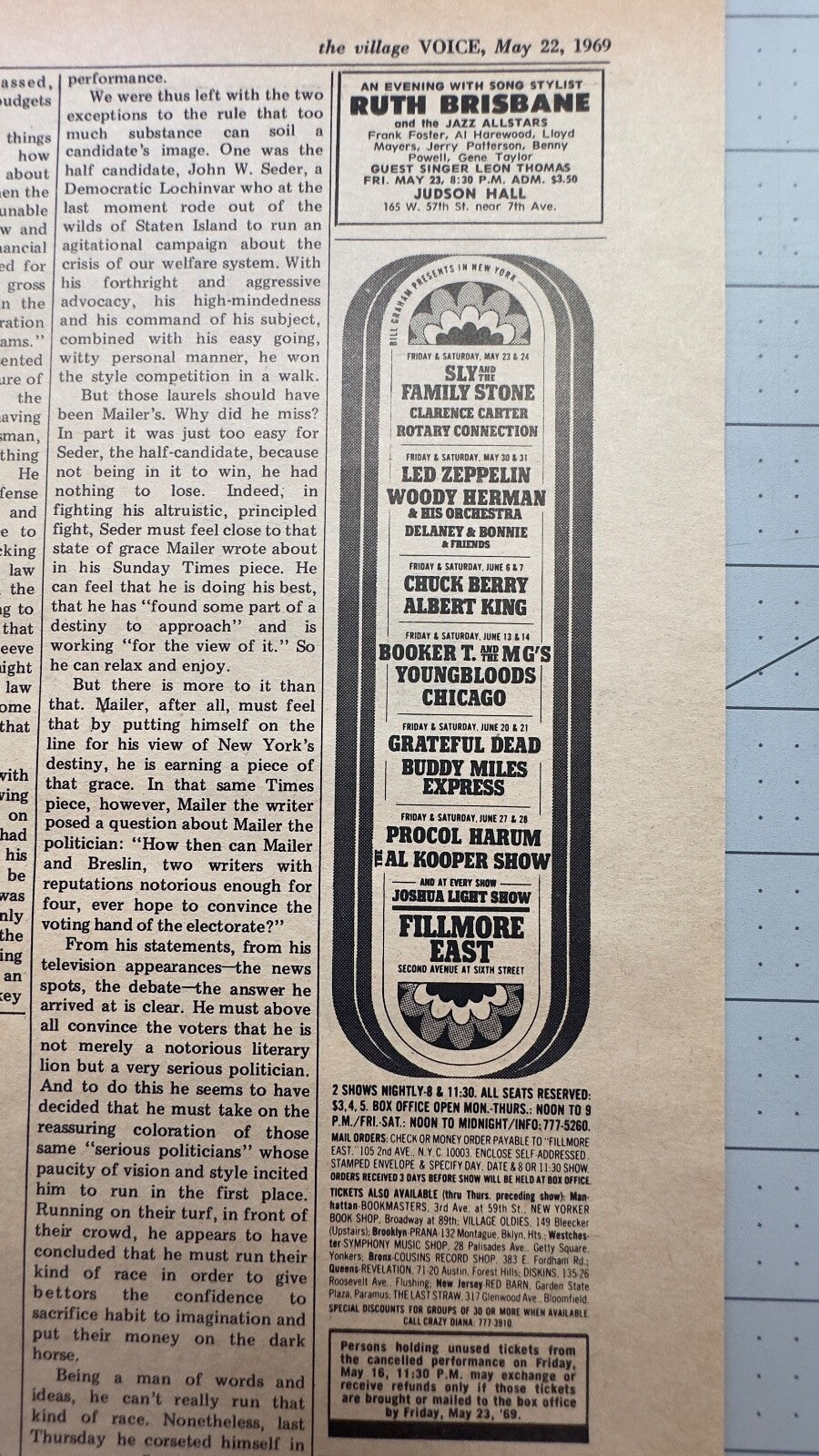 Neil Young, Led Zeppelin, Grateful Dead more - Fillmore East - Concert Listings Page - April 1969