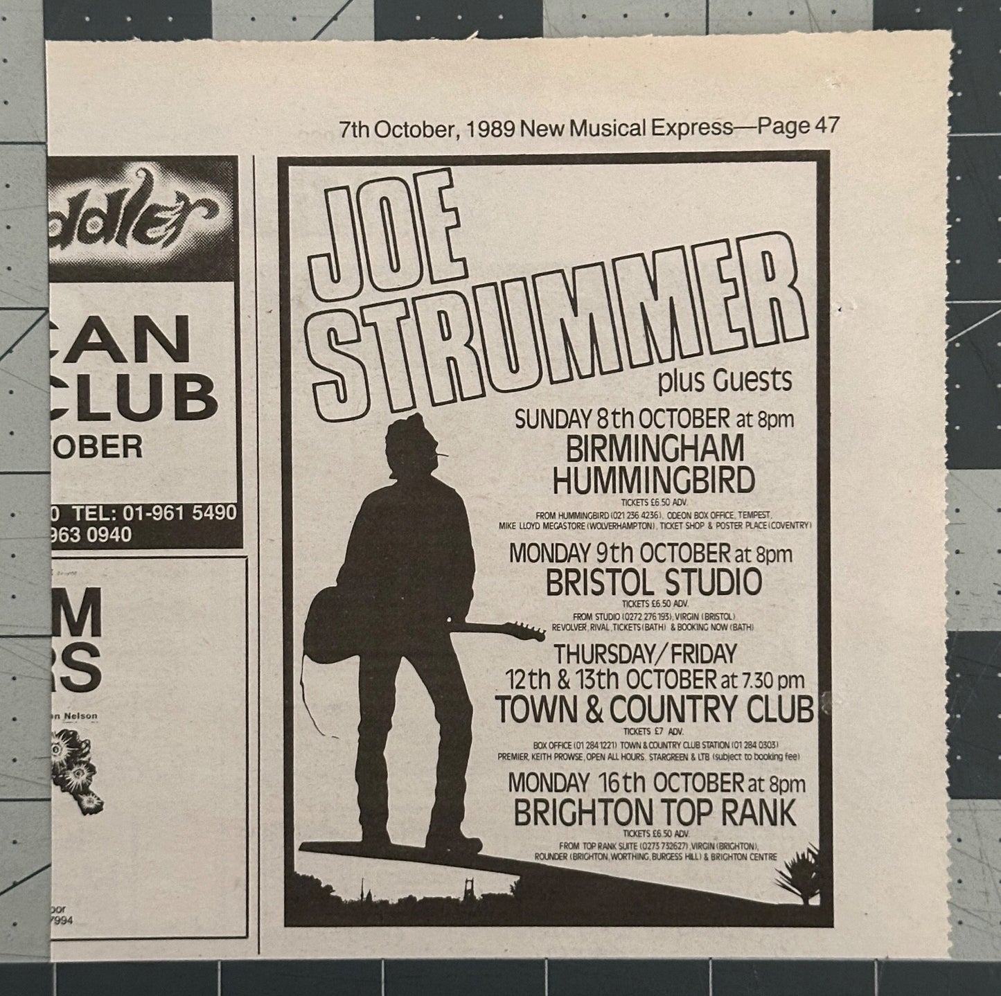 Joe Strummer - Original Concert Listing Ad - October 1989 - Brighton / Bristol,  London