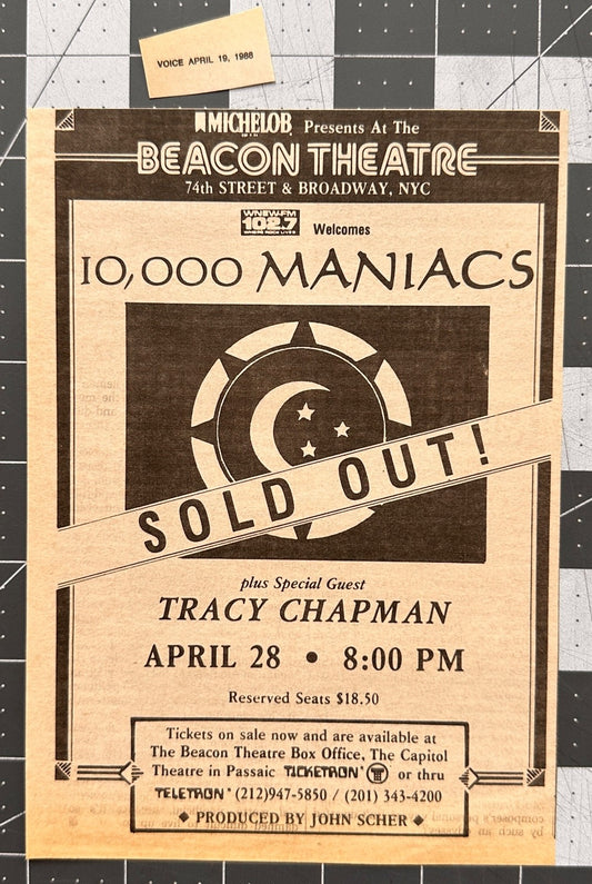 10,000 Maniacs and Tracy Chapman - Original Concert Ad - April 28 1988