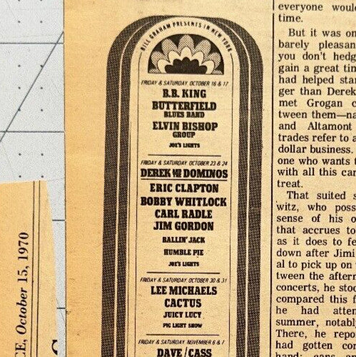 Derek & the Dominos, Frank Zappa, Small Faces - Concert Listing - Fillmore East - October 1970