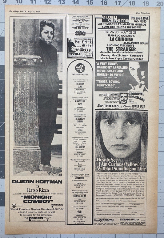 Original “Midnight Cowboy” - World Premiere Movie Ad - Dustin Hoffman -May 1969