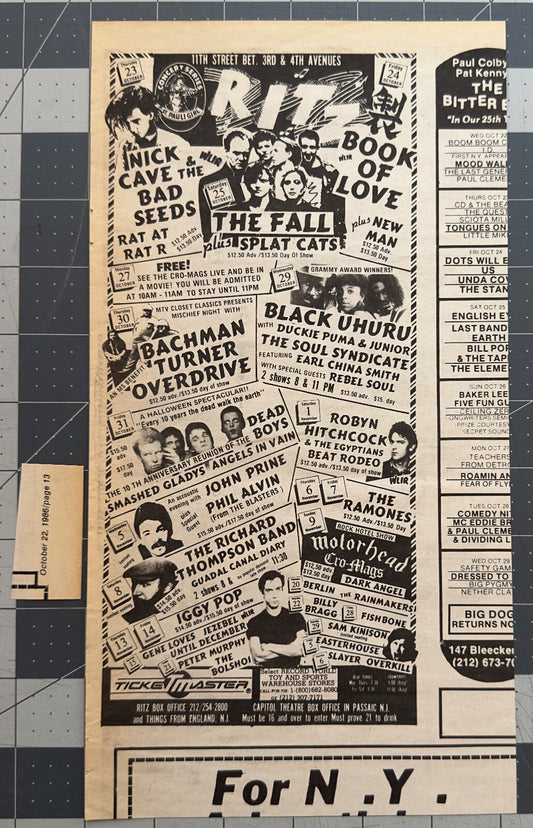 Nick Cave, John Prine, Iggy Pop, Ramones - Original Concert Ad - The Ritz 1986