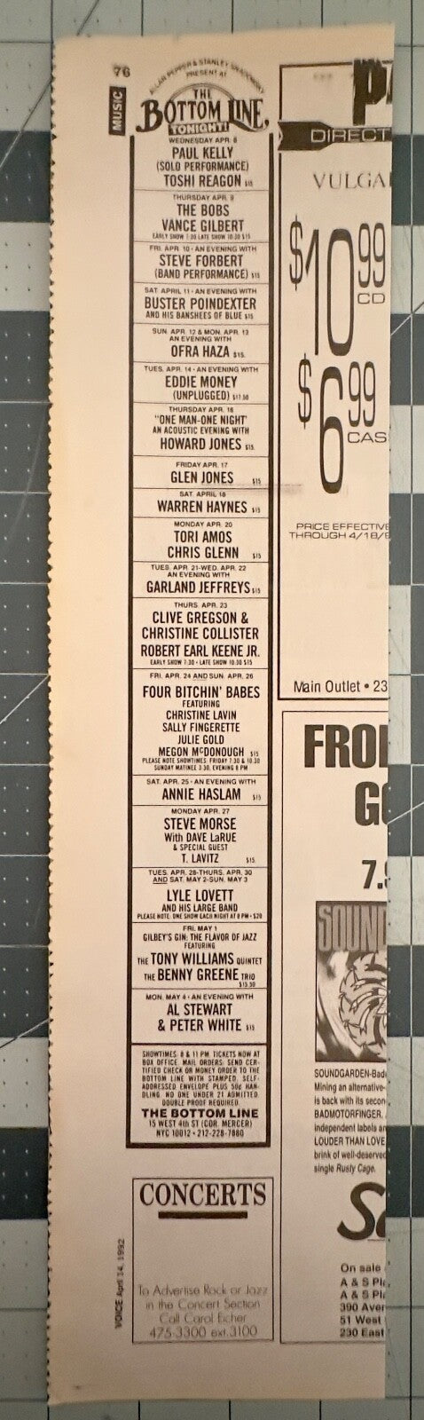 The Bottom Line Original Concert Ad - April, 1992