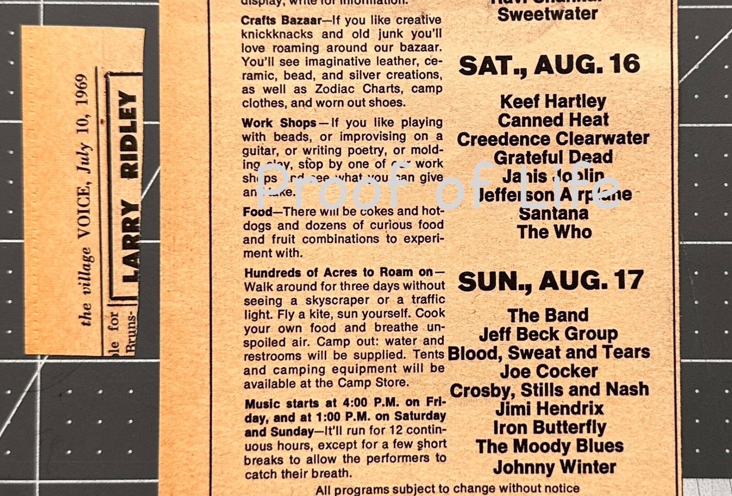 Woodstock 1969 - Rare original Concert Ad Listing - July 1969