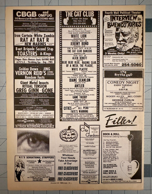 CBGBs, Cat Club, City Gardens - Multi-listing Original Concert Ad - October 1986