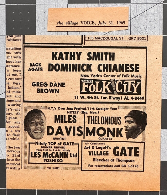 Miles Davis / Thelonious Monk / Dominic Chianese Original Concert Ad - July 1969