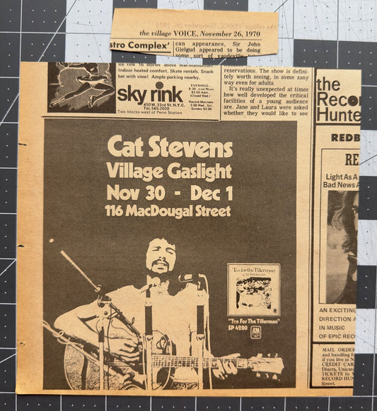 Cat Stevens - Original Concert Ad - Village Gaslight - November 1970