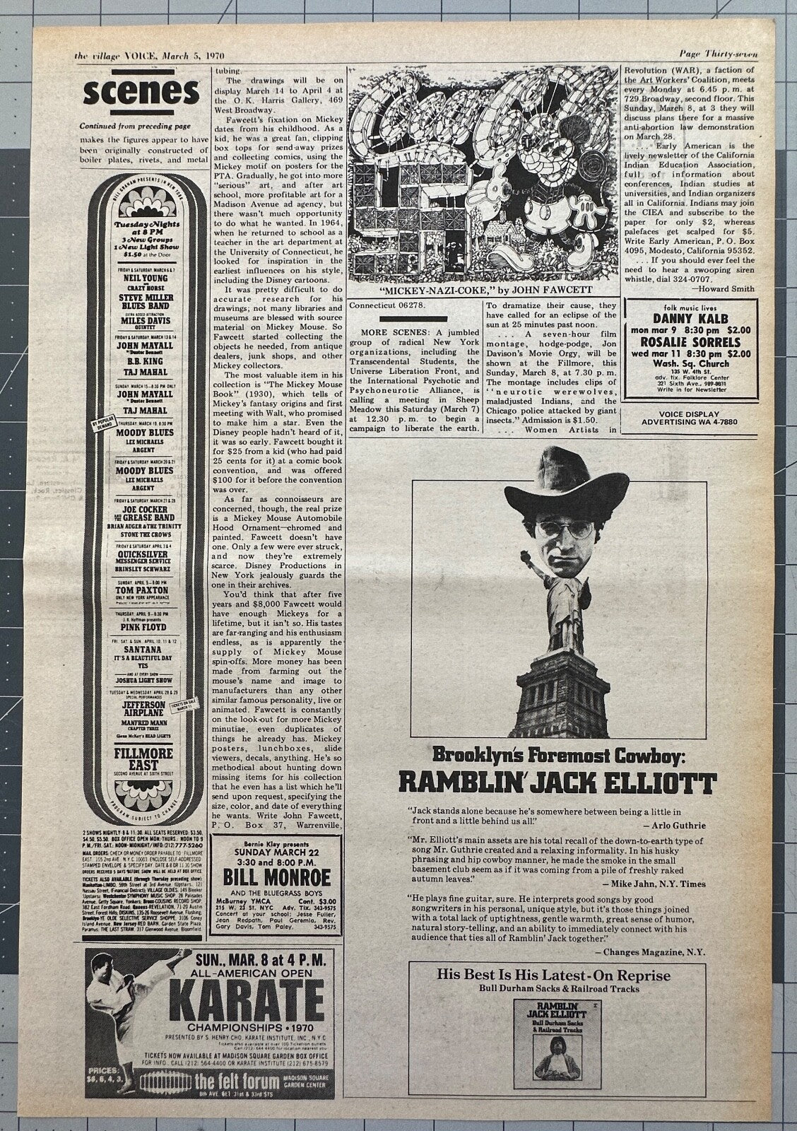Neil Young, Miles Davis, Ramblin' Jack, Pink Floyd,  Santana, YES and others - Concert Listing Ad - Fillmore East - March 1970
