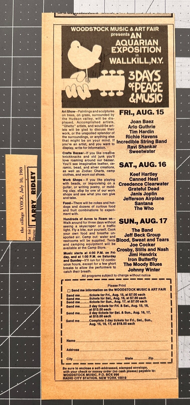 Woodstock 1969 - Rare original Concert Ad Listing - July 1969