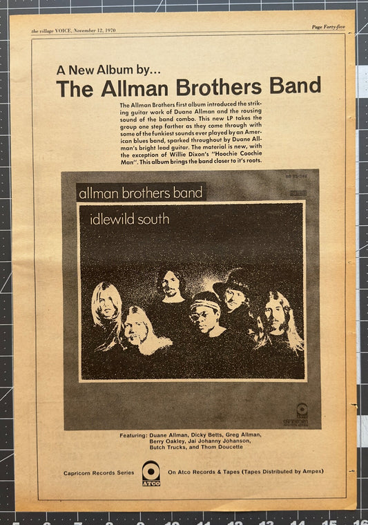 Allman Brothers Band - “Idlewild South” Original LP Album Release Ad - September 1970
