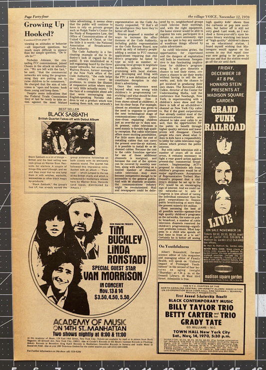 Van Morrison,  Linda Ronstadt, Tim Buckley - Original Concert Ad - November 1970 - with Black Sabbath