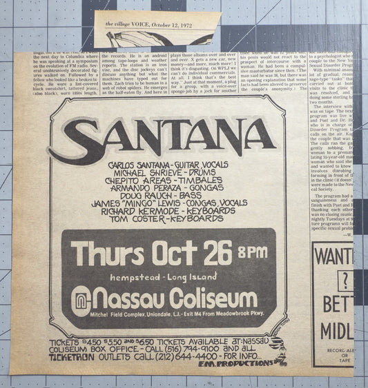 Santana - Original Concert Ad October 1972 - Long Island Nassau Coliseum