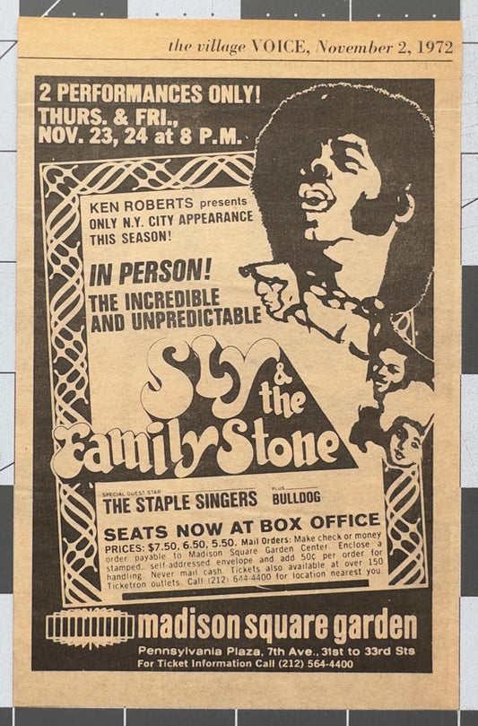 Sly & the Family Stone - Original Concert Ad - November 23 & 24, 1972