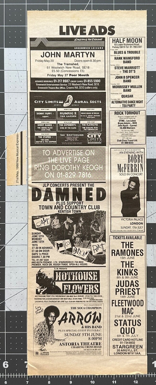 The Damned, John Martyn, Skinny Puppy - Original Concert Ad - May June 1988 - UK