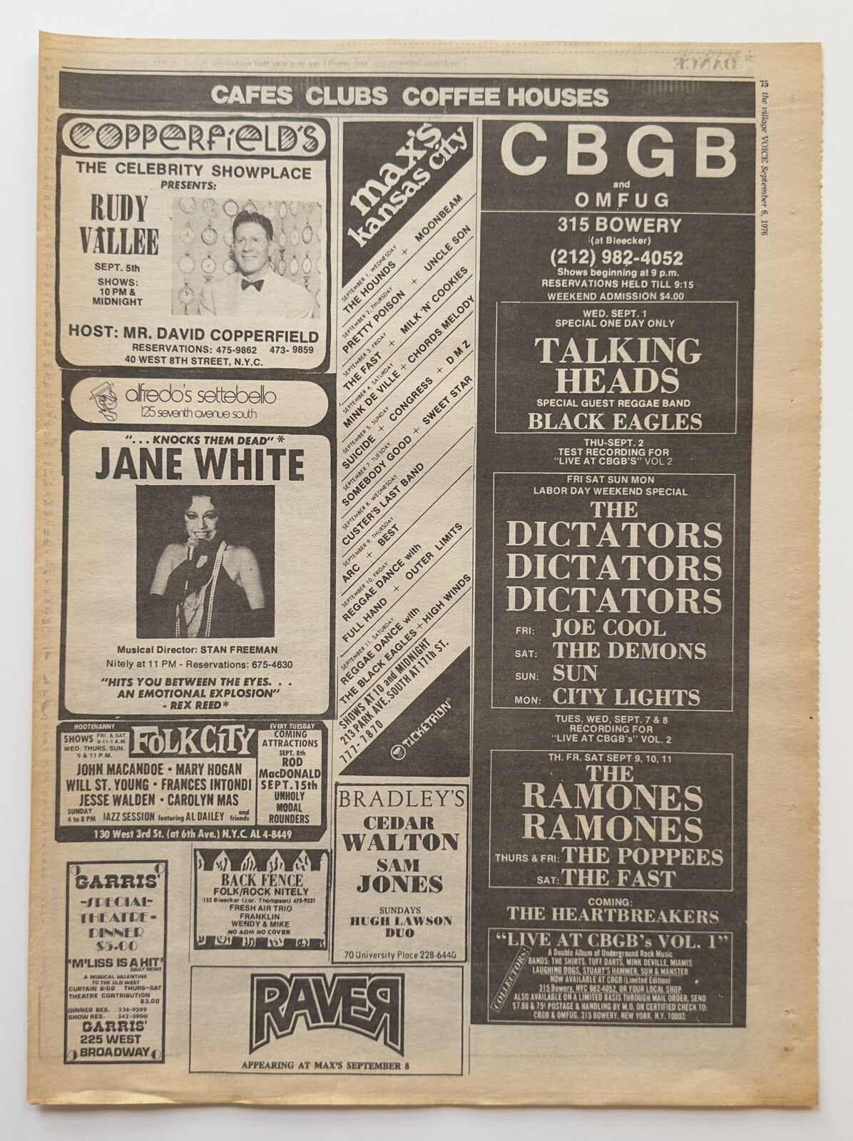 Talking Heads, Dictators, Ramones - CBGB Original Concert Ad - September 1976