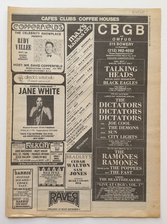 Talking Heads, Dictators, Ramones - CBGB Original Concert Ad - September 1976
