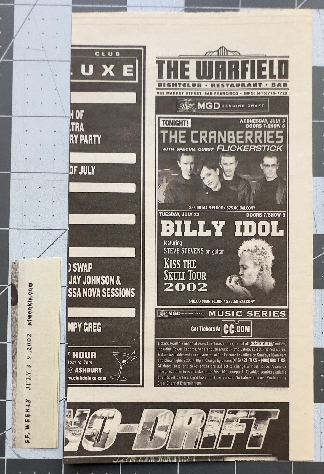 The Cranberries / Billy Idol - Original Concert Ad - July 2002 - The Warfield, SF