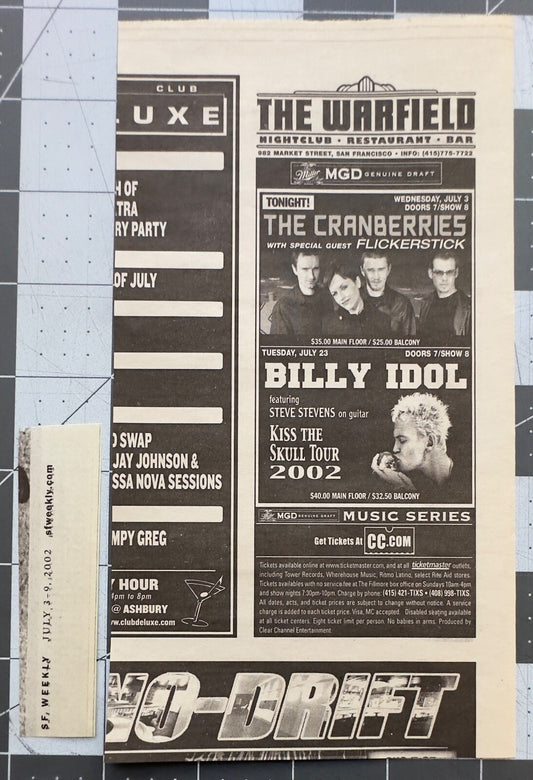 The Cranberries / Billy Idol - Original Concert Ad - July 2002 - The Warfield, SF