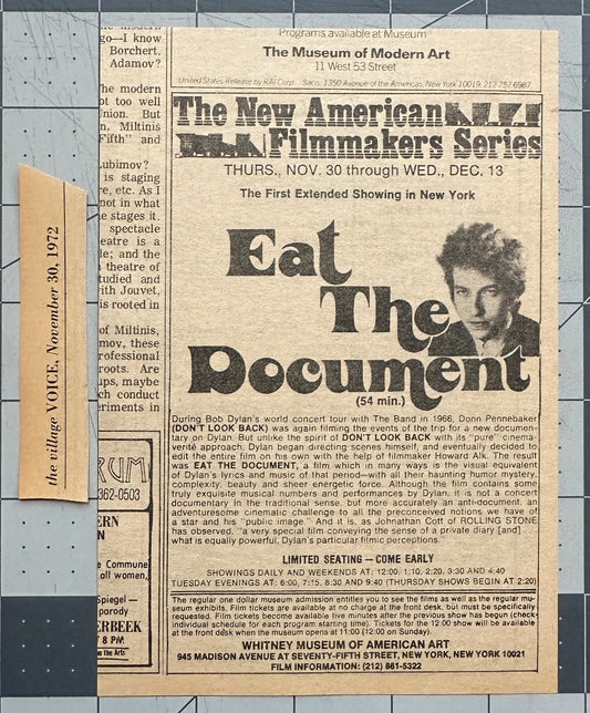 Bob Dylan - Original Film Ad - “Eat the Document” - November 1972