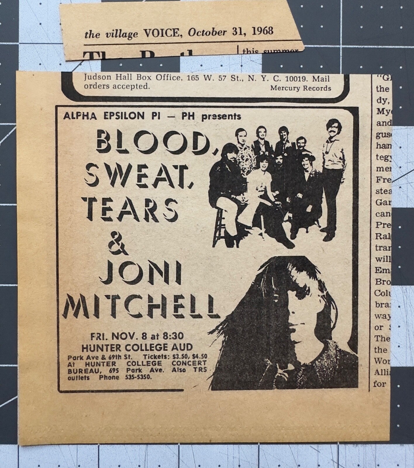 Joni Mitchell - Blood, Sweat, Tears - Original Concert Ad - November 8 1968 - NYC