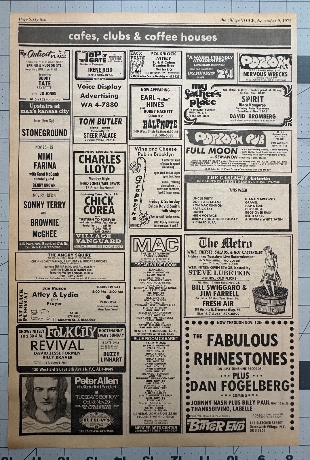 Patti Smith first performance listings - Mercer Arts Center - November 1972 - Village Voice Mercer Arts