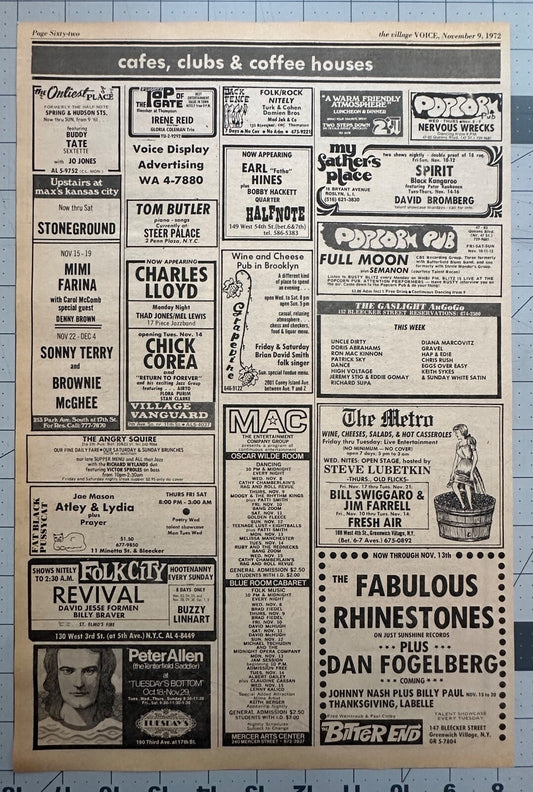 Patti Smith first performance listings - Mercer Arts Center - November 1972 - Village Voice Mercer Arts