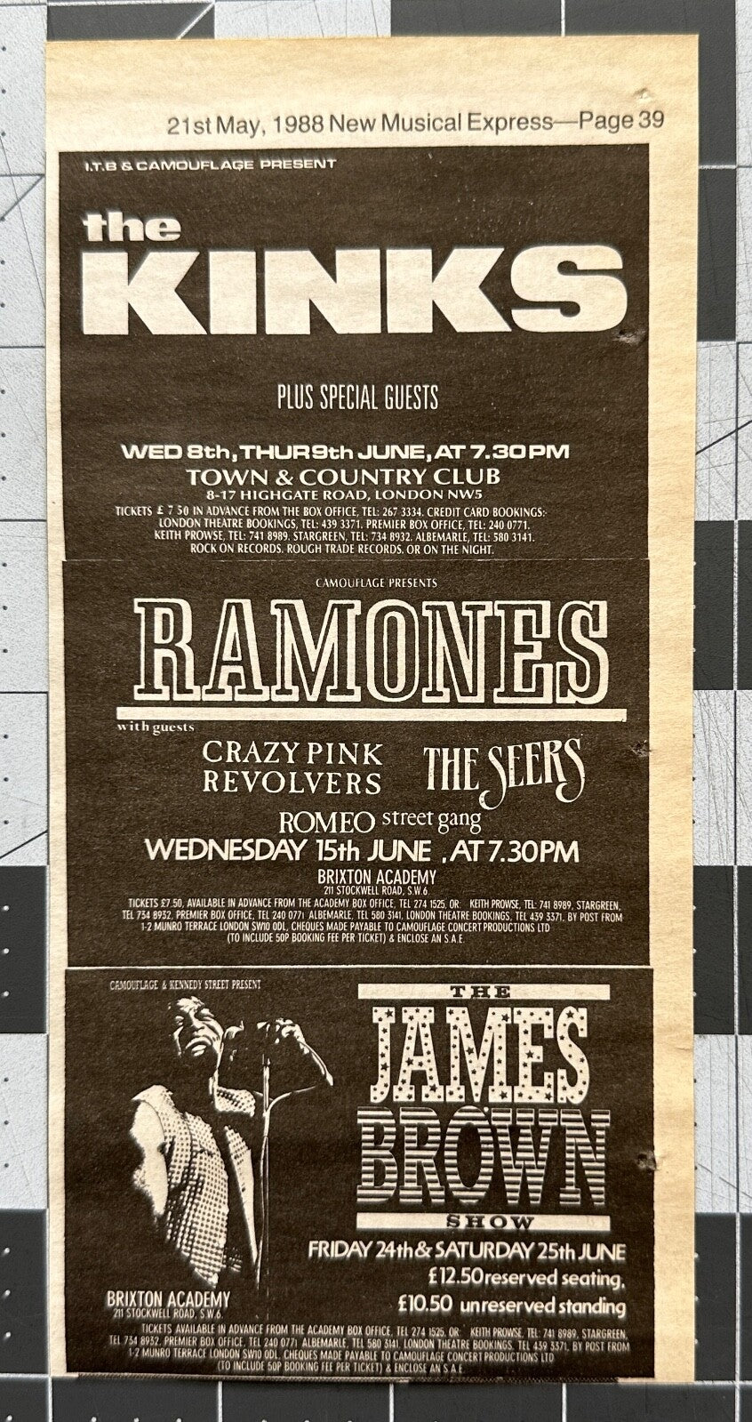 Kinks, Ramones, James Brown - Original Concert Ad - May 1988 - London UK