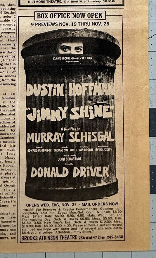 Dustin Hoffman - Original Theater Ad “Jimmy Shine” - December 1968 - Broadway