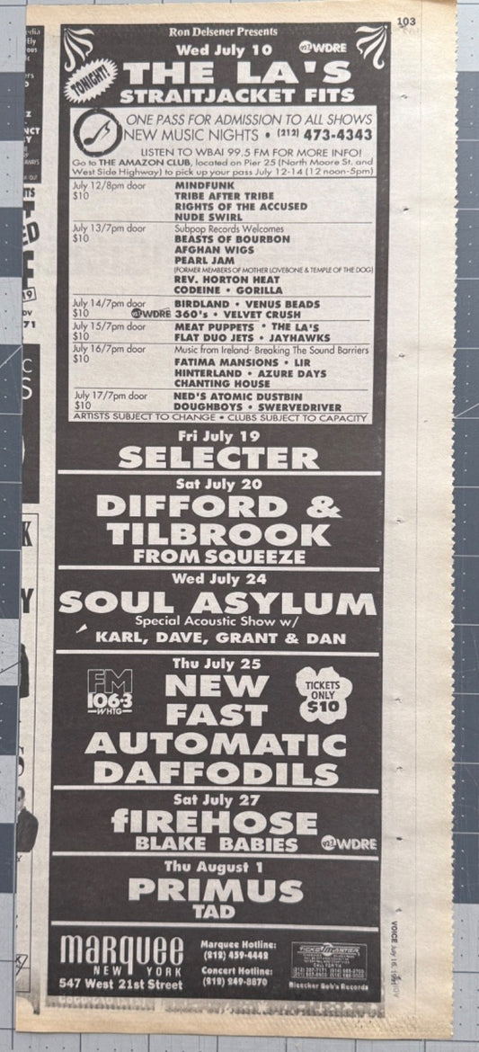 Pearl Jam - Original Concert Ad - July 13 1991 - 1st New York City show