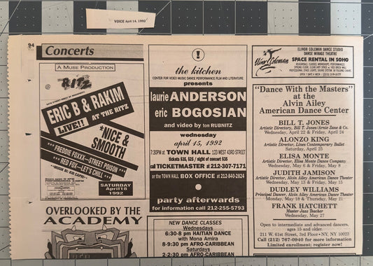 Eric B & Rakim - Original Concert Ad - The Ritz NYC - Laurie Anderson - April 1992