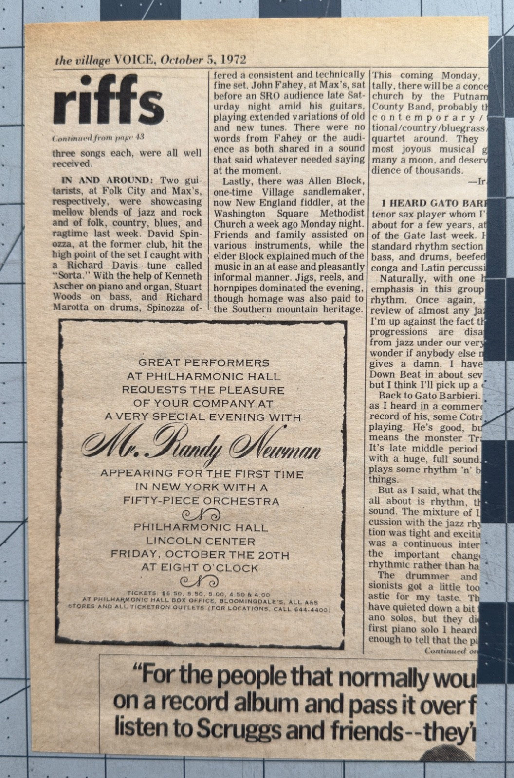 Randy Newman - Original Concert Ad - October 20, 1972 - Lincoln Center, NY