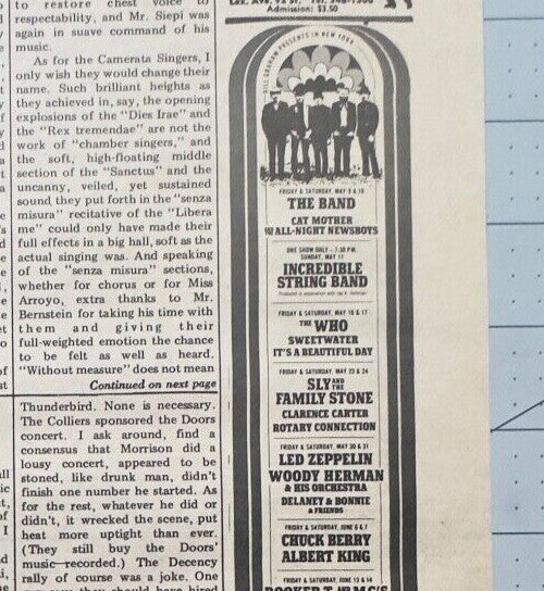 The Band, The Who, Led Zeppelin more - Original Concert Listings Ad - May 1969
