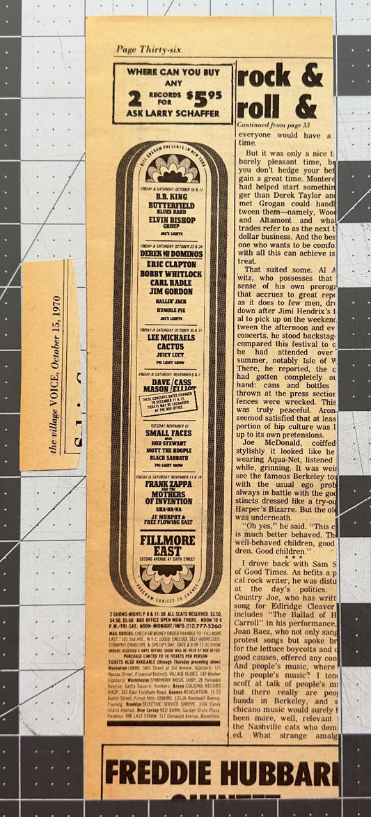 Derek & the Dominos, Frank Zappa, Small Faces - Concert Listing - Fillmore East - October 1970