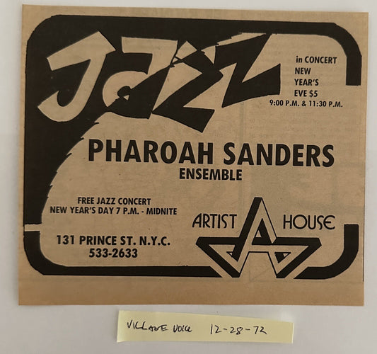 Pharaoh Sanders - Original Concert Ad - December 31, 1972- Jazz Show NYC
