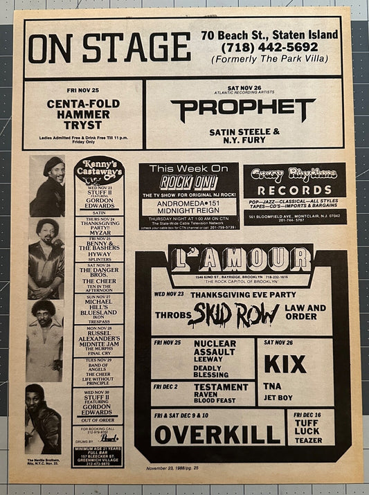 Skid Row - Original Concert Ad - November 1988  - L’Amour Brooklyn