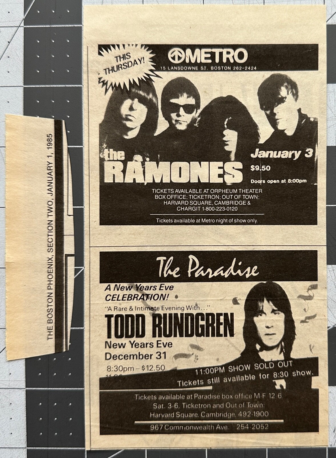 Ramones Original Concert Ad - January 3, 1985 / Todd Rundgren Dec 31, 1984 Boston